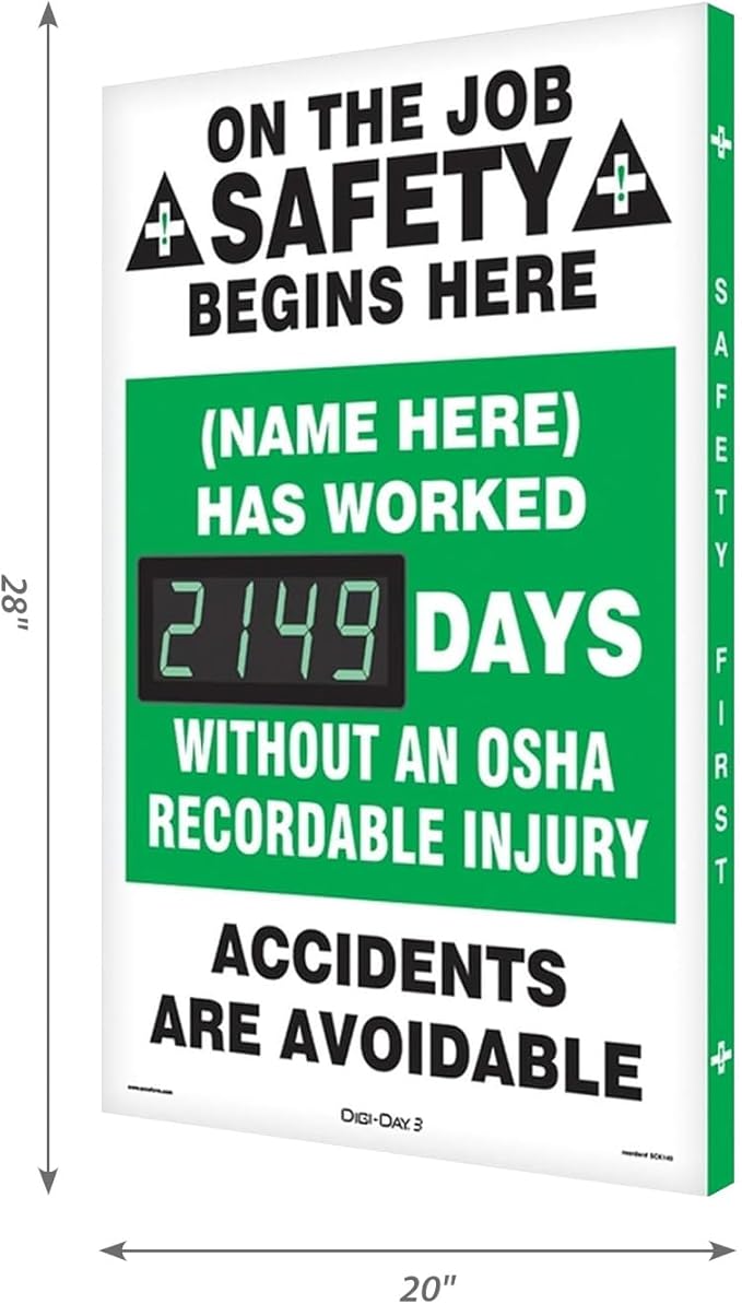 SmartSign "On The Job Safety - Add Your Name Here, Has Worked_ Days Without Injury" Custom Electronic Safety Scoreboard | 20" x 28", Made in USA