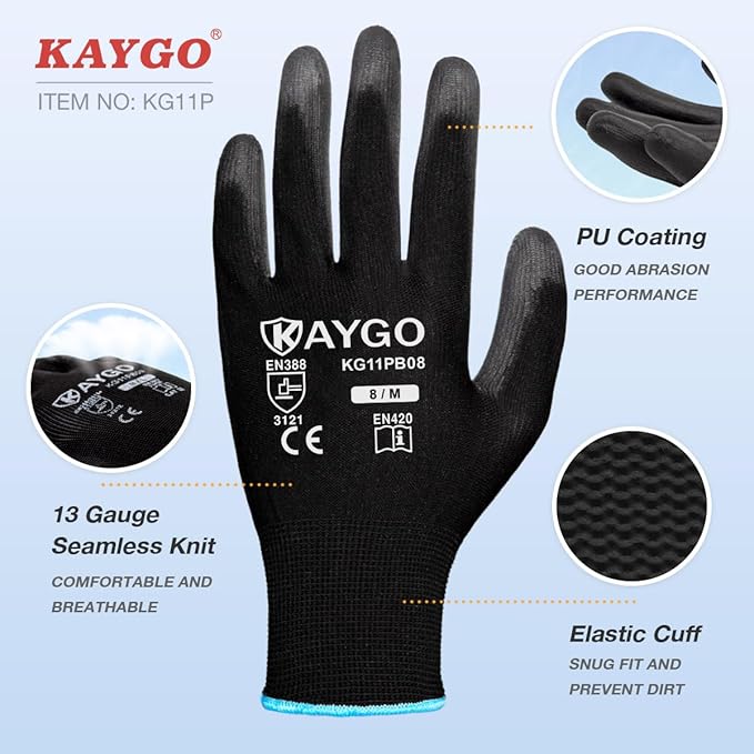 KAYGO Safety Work Gloves PU Coated-60 Pairs, KG11PB, Seamless Knit Glove with Polyurethane Coated Smooth Grip on Palm&Fingers, for Men and Women, Ideal for General Duty Work Black,XX-Large