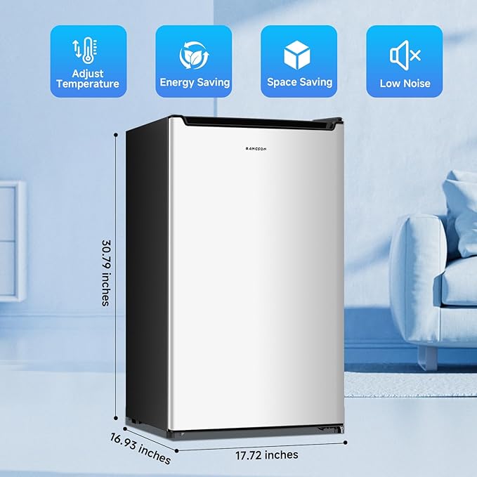 BANGSON 2.1 Cu.ft Upright Freezer, Compact Mini Freezer with Reversible Door, Adjustable Thermostat, Removable Shelves, Energy-Saving Small Freezer for Dorm/Office/Apartment, Silver