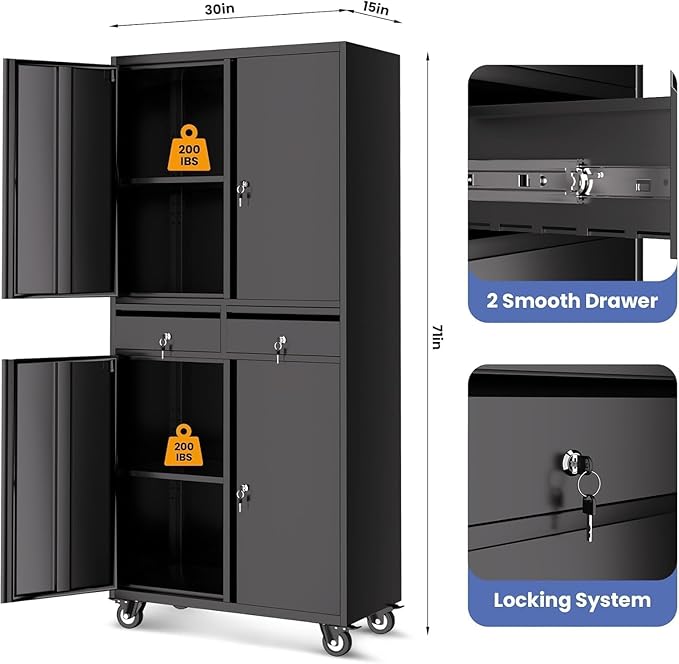 GarveeHome 73'' Metal Storage Cabinet, Heavy Duty Garage Storage with Wheels, Locking Doors and 2 Drawers, Adjustable Shelves, Black