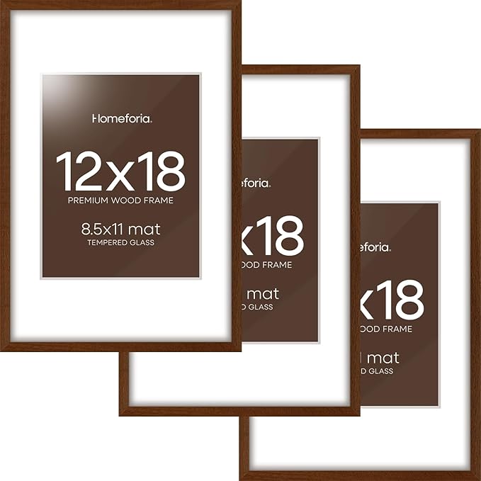 Homeforia 12 x 18 Walnut Wood Frame, High End Dark Oak 12x18 Brown Picture Frame with Mat 8.5x11 Photo, 12 x 18 Wooden Poster Frame Matted to 8.5 x 11, 18x12 Frames, Tempered Glass, Wall Kit, Set of 3