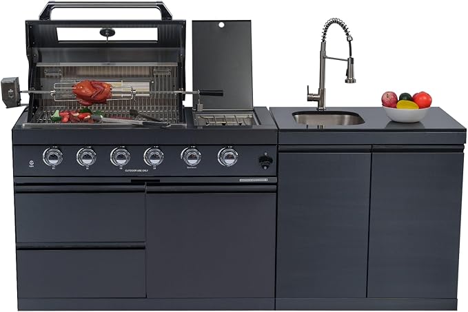 79-Inch 4-Burner 72000 BTU Propane Outdoor Kitchen Island Grill with Round Side Burner, Rotisserie Kit, Granite Countertops & Sink, Black