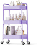 TOOLF 3-Tier Metal Rolling Cart with Wheels, Storage Utility Organizer Cart for Kitchen, Bathroom, Office, Baby Essentials & Makeup - Lockable Casters, Easy Assembly, Large Capacity, Purple