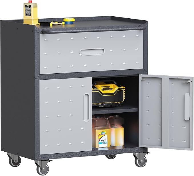 Garage Storage Cabinet with Wheels Metal Garage Cabinets with Drawer Heavy Duty Steel Rolling Tool Cabinet with Lock Rolling Tool Cart Mobile Cabinet for Warehouse Basement, Assembly Required