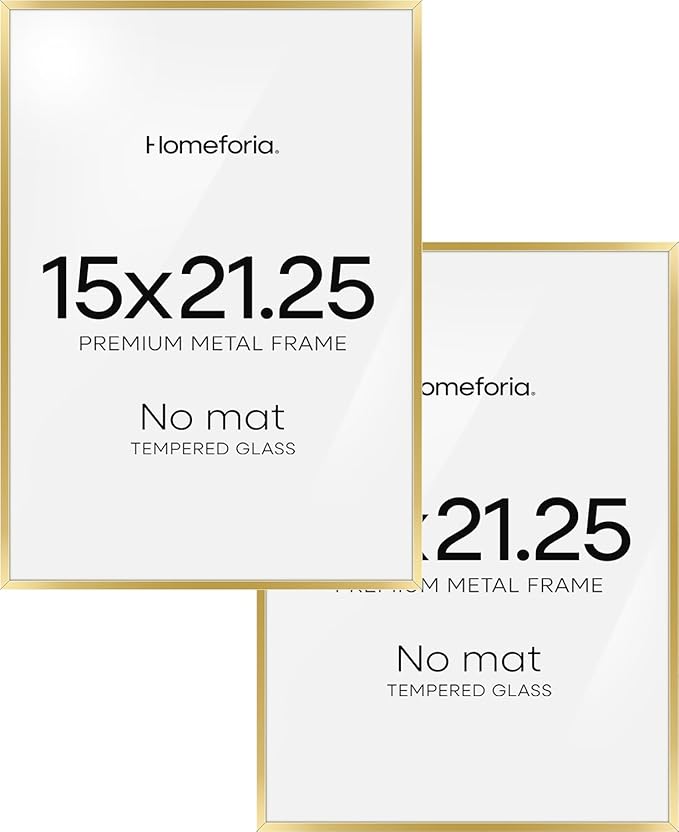 Homeforia 15x21.25 Gold Puzzle Frame, High End Metal 15 x 21.25 Picture Frames without Mat, 21.25x15 Thin Gold Poster Frames for Wall, 15by21.25 Puzzle Photo Frames, Tempered Glass, Wall Kit, Set of 2