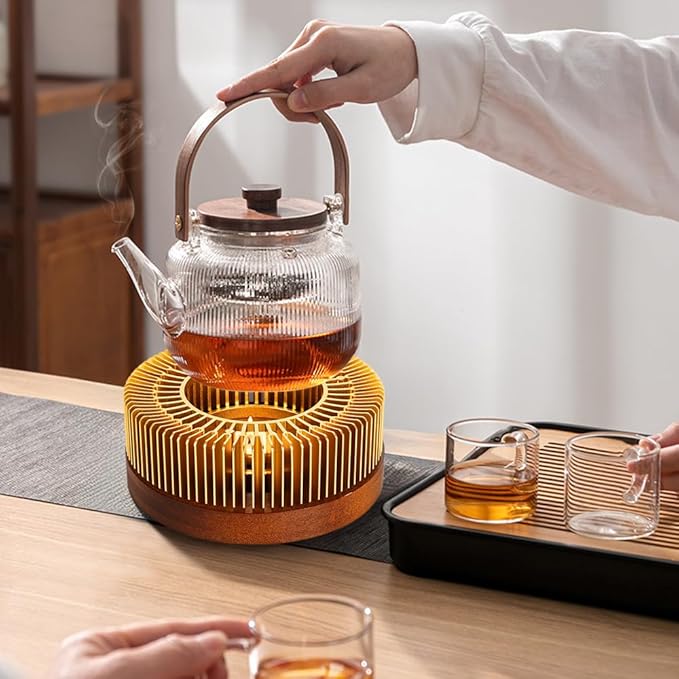 Teapot Warmer, Aluminum Tea Warmer with Wooden Base, Candle Heater for Heating Tea, Coffee, Milk, Food,Camping and Traveling, Universal Teapot Heater (Large-with Wooden Base)