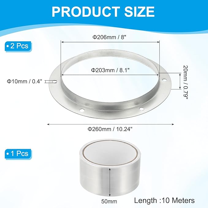 PATIKIL 2Pcs 8 Inch Duct Connector Flange, Metal Straight Pipe Exhaust Flange Duct Mounting Plate for Heating Cooling Ventilation HVAC System, Galvanize Steel