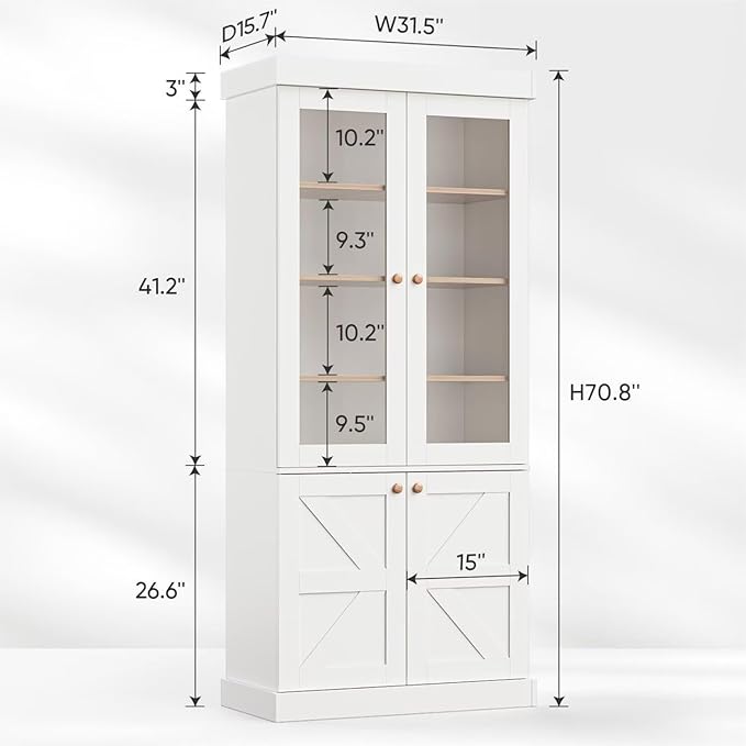 Vyre 71" Tall Farmhouse Kitchen Pantry, Set of 3 Large Storage Cabinets with Glass Doors, Adjustable Shelves, Wood Versatile Hutch Cabinet for Living Room, Dining Room, Kitchen