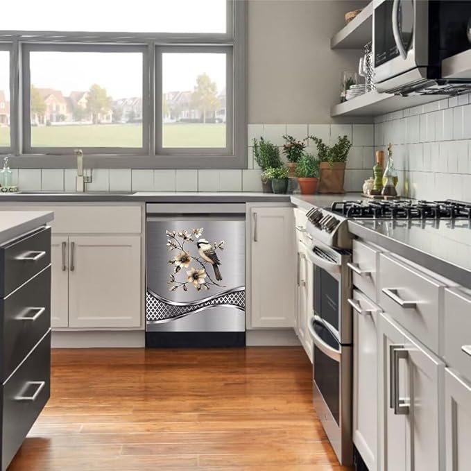 Imitation Stainless Steel Design Bird Pattern Dishwasher Cover Magnetic Sticker Refrigerator Door Panel Cover Fridge Appliance Magnet Decal Sheet 23x17 inch