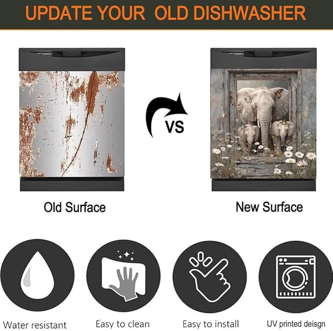 Elephant Dishwasher Magnet Cover - Kithcen Decorative Dishwasher Cover Front Door Panel Decal, Farm Wood Flower Refrigerator Magnet Fridge Sticker, Elephant Gifts for Women, 23x26 Inch