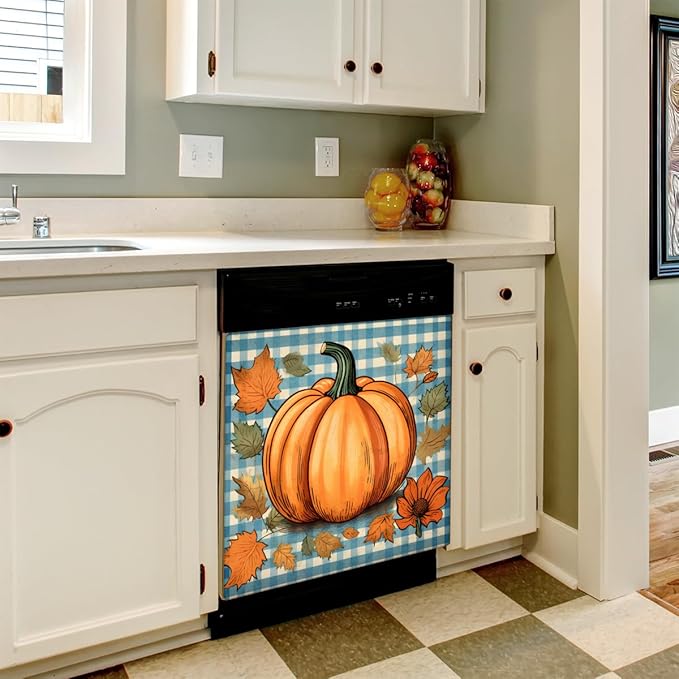 Dishwasher Magnet Cover Fall Pumpkin Vintage Plaid Front Dishwasher Cover Decoration Reusable Magnetic Door Cover Panel Decal Home Appliances Stickers Kitchen Refrigerator Fridge 23"x26"