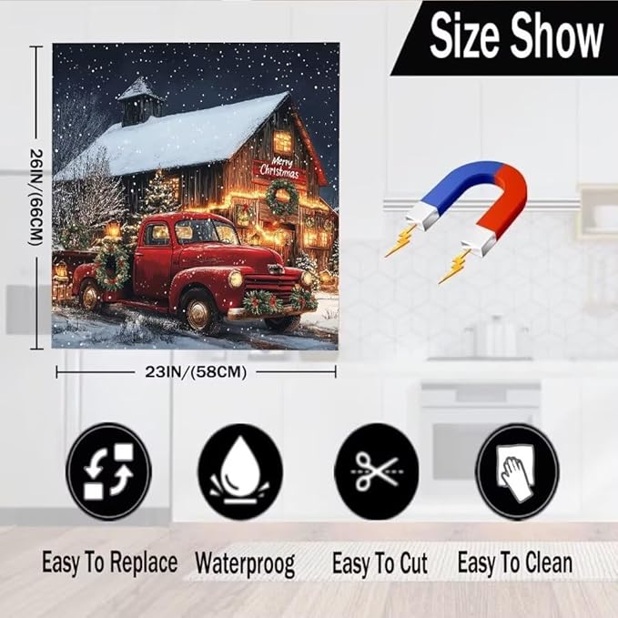 Christmas Red Truck with Barn Scene Magnetic Dishwasher Cover Vinyl Sticker,Vintage Barn Dishwasher Magnet Cover, Xmas Fridge Door Cover Magnets Art Skin Panel Decal for Home Decor, 23"X26"