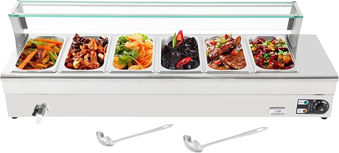 Electric Steam Table Food Warmer, 1200W Stainless Steel Bain Marie Buffet Food Warmer, 6-Pan 19Qt Commercial Buffet Warmer Countertop Steam Table with Sneeze Guard & Temp Display, 86-176℉