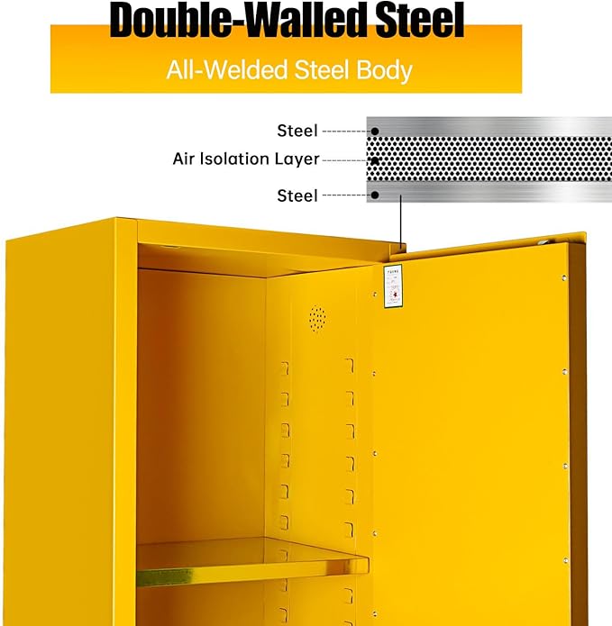 Flammable Storage Cabinet 50 Gallon Yellow, Galvanized Steel Heavy-Duty Hazardous Storage Cabinet, Dual Vents & 3-Point Lock for Warehouses, Industrial Use & Residential Garages