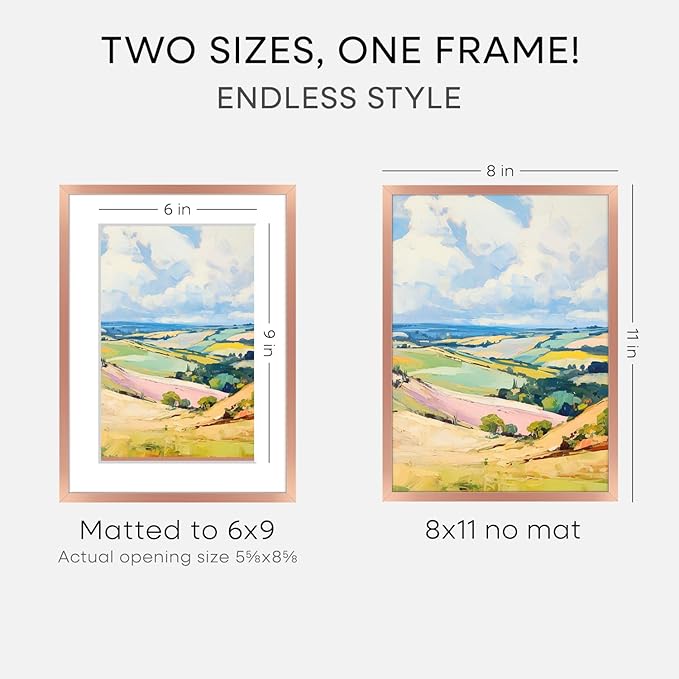 Homeforia 8x11 Picture Frame Rose Gold, High End Metal 8 x 11 Poster Frames with Mat 6 by 9 Photo, 11x8 Frame Matted to 6x9 inch Print, 8by11 Wall or Tabletop Frame, Tempered Glass, Wall Kit, Set of 1