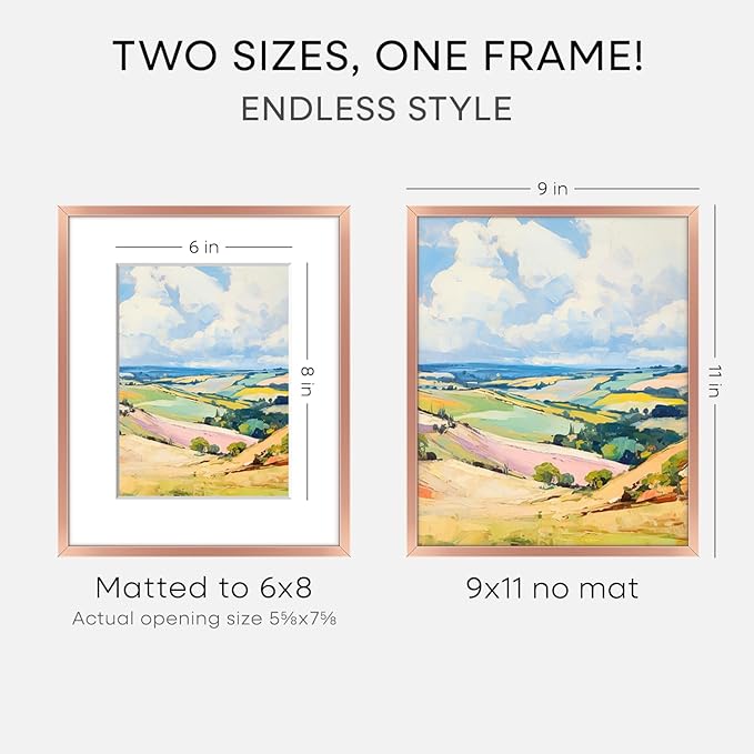 Homeforia 9x11 Rose Gold Frame, High End Metal 9 x 11 Picture Frames with Mat 6 by 8 inch Photo, 9by11 Poster Frame Matted to 6x8 Print, 11x9 Wall or Tabletop Frame, Tempered Glass, Wall Kit, Set of 1