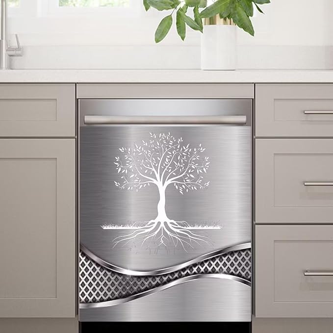 Stainless Steel Design Tree Pattern Kitchen Decorative Dishwasher Cover Magnet Sticker,Fridge Panel Door,Refrigerator Decal Home Decor 23x17inch