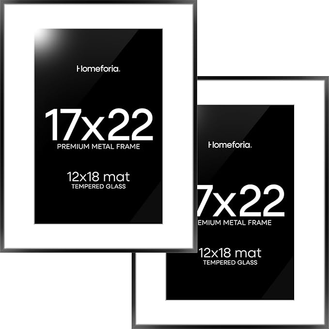 Homeforia 17x22 Picture Frame Black, High End Metal 17x22 Poster Frames with Mat 12x18 for Photo, 17 x 22 Black Frame Matted to 12 x 18 inch Print, 22x17 Thin Frame, Tempered Glass, Wall Kit, Set of 2