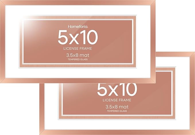 Homeforia 5x10 Rose Gold Business License Frame, High End Metal 5 x 10 Document Certificate Frame with Mat 4x9, 10x5 Cosmetology License Frames for Wall or Tabletop, Tempered Glass, Wall Kit, Set of 2