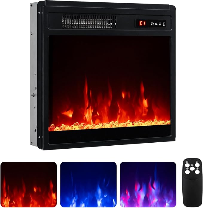Tangkula 18 Inches Electric Fireplace, 5,000 BTU Fireplace Insert w/Remote Control, Crystal Stones, 3 Flame Colors & 5 Brightness, 0.5-9H Timer, Thermostat & Overheat Protection