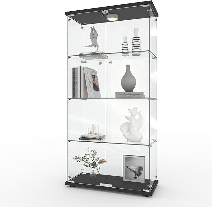 GarveeHome 4 Shelves Display Cabinet, Tempered Glass Curio Showcase with LED Light & Lock, Double Doors Storage Cabinet for Living Room Bedroom Office, Black, 64x31.7x14.3 Inch