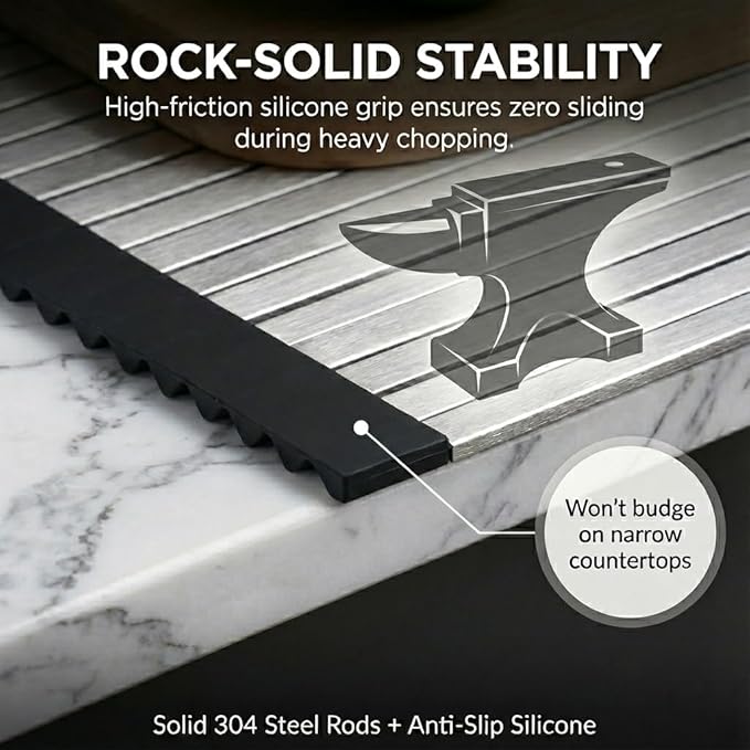 304 Stainless Steel Rollable Cutting Board – Space-Saving Over-the-Sink Workstation for RVs and Small Kitchens – Rust-Proof Heat Resistant Dishwasher Safe Non-Slip Multi-Use Prep Mat (17.8" L x 13" W)