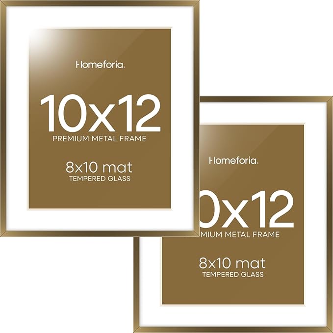 Homeforia 10x12 Bronze Picture Frame, High End Metal 10x12 Brass Frame with Mat 8x10, 10 x 12 Poster Frames Matted to 8 x 10 inch Photo, 10 by 12 Bronze Thin Frames, Tempered Glass, Wall Kit, Set of 2
