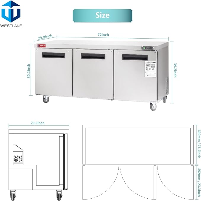 WESTLAKE 72" W Commercial Freezer Worktop Undercounter Freezer 17.7 Cu.ft Single Door Stainless Steel Counter Fan Cooling Freezer Food Prep Station for Restaurant, Bar