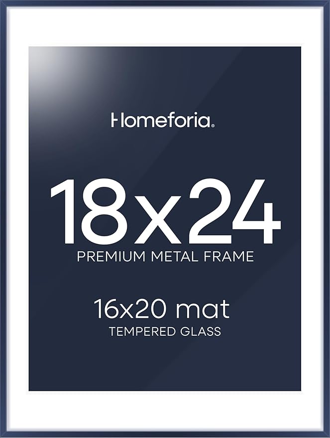 Homeforia 18x24 Frame Navy Blue, High End Metal 18x24 Poster Frames with Mat 16x20 inch Photo, 18 x 24 Navy Blue Picture Frame Matted to 16 by 20 Print, 24x18 Frame, Tempered Glass, Wall Kit, Set of 1