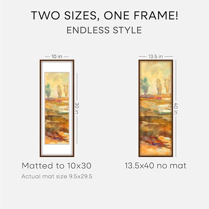 Homeforia 13.5x40 Picture Frame Brown, High End Dark Oak 13.5by40 Walnut Wood Poster Frame with Mat 10x30, 13.5 x 40 Panoramic Wooden Frames Matted to 10 x 30 Print, Tempered Glass, Wall Kit, Set of 2