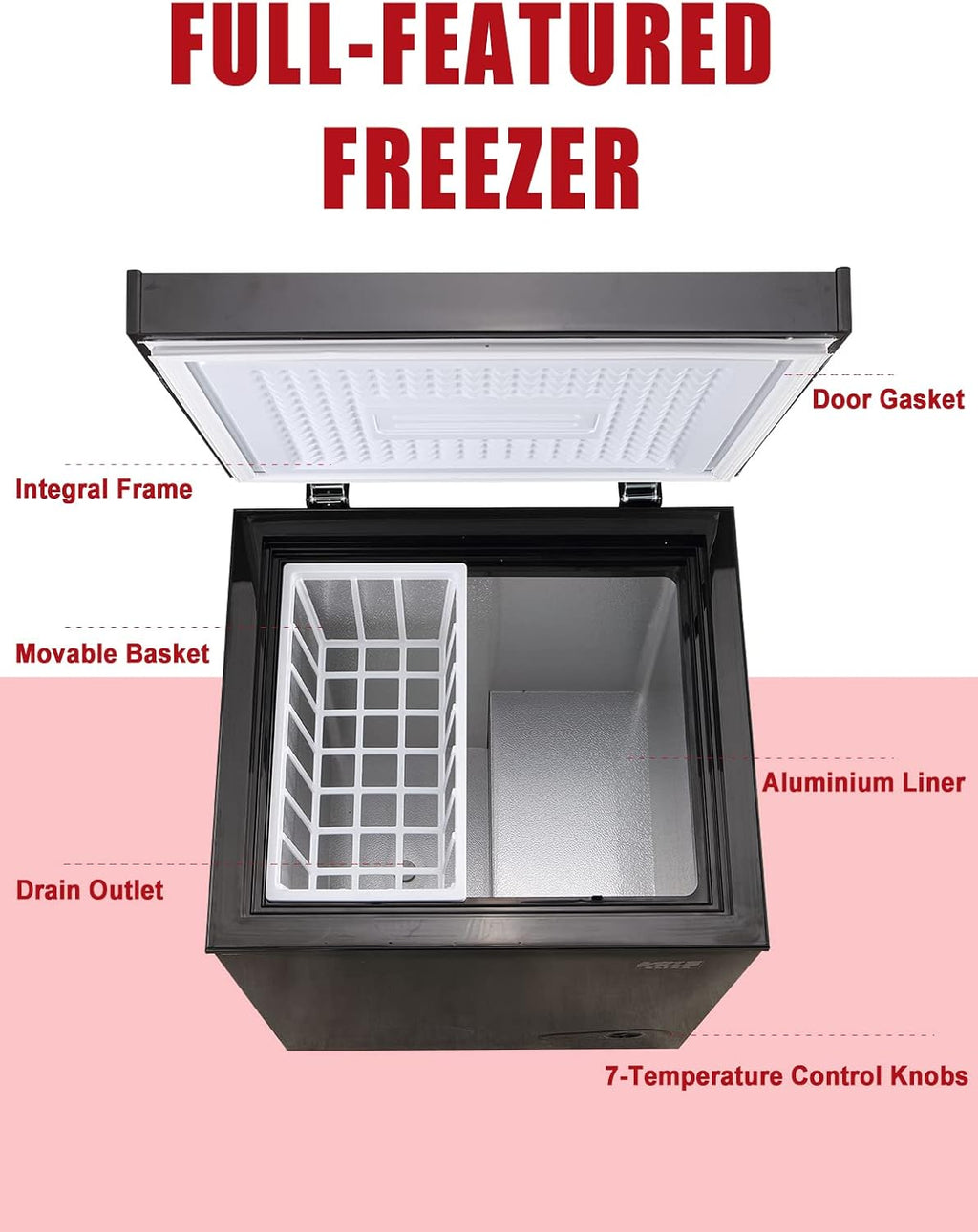 3.5 Cu.Ft Chest Freezer 7 Gears Temperature Control(-4°F to 6.8°F), Deep Compact Freezer with a Removable Basket, for Kitchen, Garage, Basement, Black