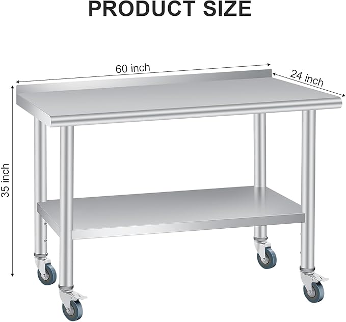 Stainless Steel Prep Table, 60 x 24 Inches, with Backsplash, Adjustable Undershelf and 4 Caster Wheels, Commercial Heavy Duty Table with Adjustable Under Shelf for Outdoor Use,Restaurants,Hotels,Works