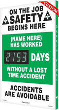 SmartSign "On The Job Safety - Add Your Name Here, Has Worked_ Days Without Accident" Custom Electronic Safety Scoreboard | 20" x 28", Made in USA