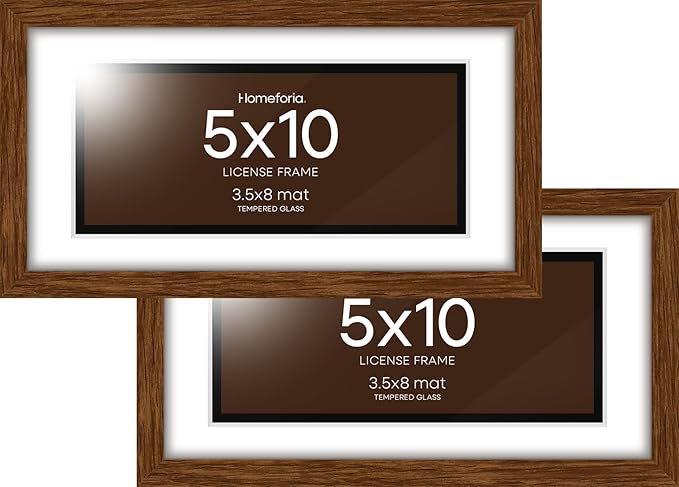 Homeforia 5x10 Business License Brown Frame, High End Dark Oak 5 x 10 Wood Document Certificate Frames with Mat 4x9, 5by10 Walnut Wooden Frames for Wall or Tabletop, Tempered Glass, Wall Kit, Set of 2