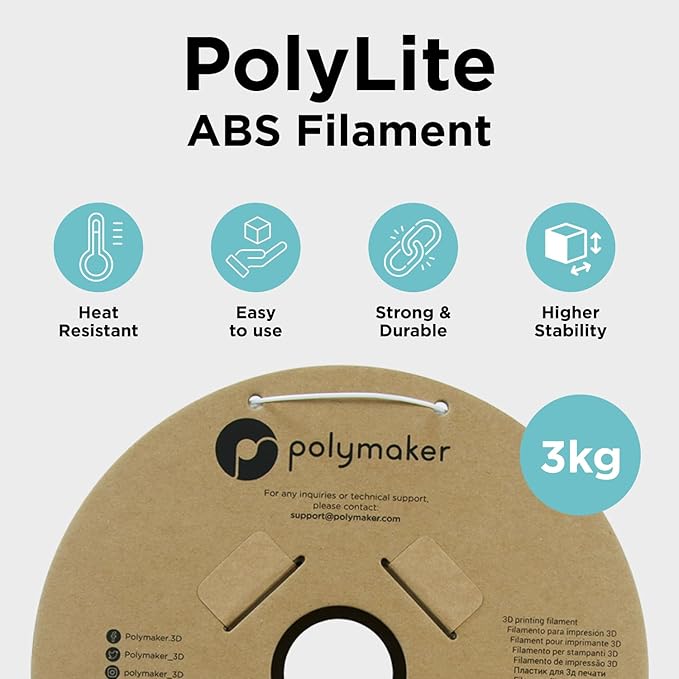 Polymaker 3kg ABS Filament 1.75mm White, 3D Printer Filament 1.75mm Heat Resistant - PolyLite White ABS 3D Printing Filament 1.75mm Cost Effective Large Spool, Strong & Durable