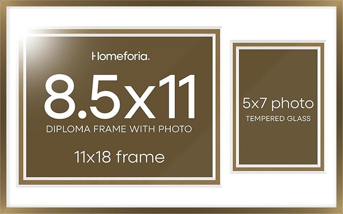 Homeforia 11x18 Bronze Diploma Frame with Photo, High End Metal 11 x 18 Certificate Frame with Mat for 8.5x11 Diploma and 5x7 Picture, 18x11 Award Graduation Frames, Tempered Glass, Wall Kit, Set of 1