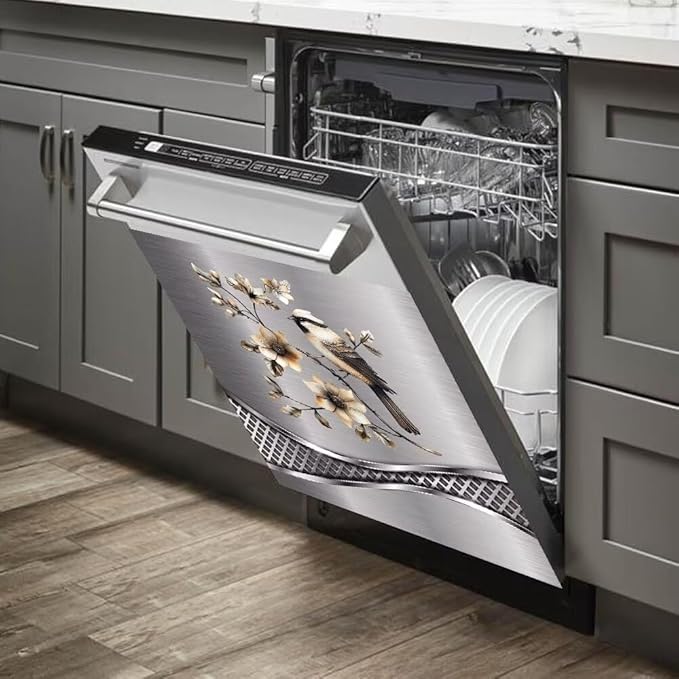 Imitation Stainless Steel Design Bird Pattern Dishwasher Cover Magnetic Sticker Refrigerator Door Panel Cover Fridge Appliance Magnet Decal Sheet 23x17 inch