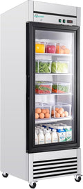 27" Commercial Glass Door Refrigerator, 23 Cu.Ft Single Door Reach-In Cooler, 33-40℉, Low-E Tempered Double Glass, 4 Shelves, R290