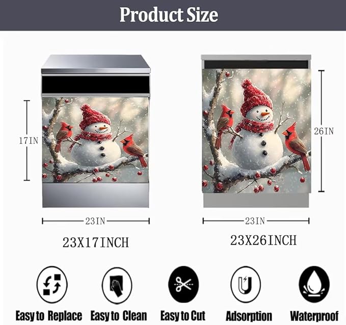 Christmas Snowman Dishwasher Magnetic Cover Front Door Stickers Cardinal Bird Dishwasher Magnet Covers Kitchen Fridge Decals Xmas Decoration Kitchen Cabinet Sticker, Magnetic 23" x 26"