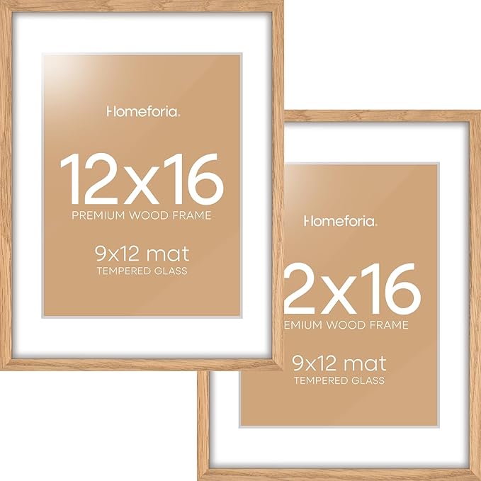 Homeforia 12x16 Wood Frame, High End Natural Oak 12x16 Light Wooden Picture Frame with Mat 9x12, 12 x 16 Poster Frames Matted to 9 by 12 Photo, 16x12 Hanging Frames, Tempered Glass, Wall Kit, Set of 2