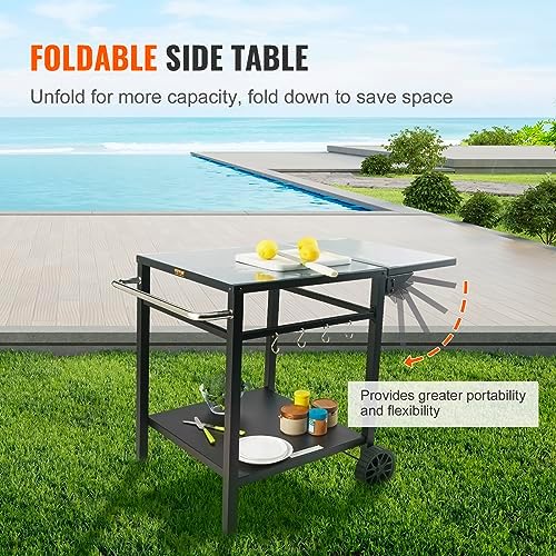 VEVOR Outdoor Grill Dining Cart with Double-Shelf, BBQ Movable Food Prep Table, Multifunctional Foldable Iron Table Top, Portable Modular Carts for Pizza Oven, Worktable with 2 Wheels, Carry Handle
