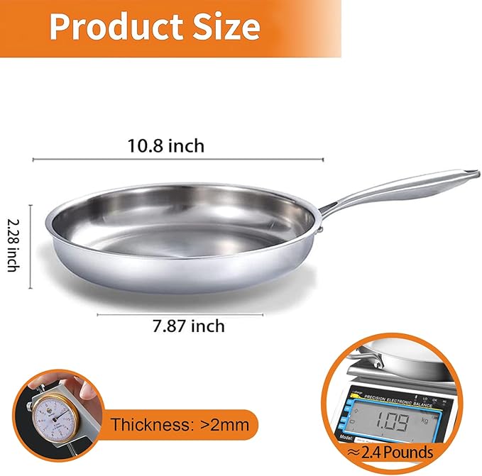 DELARLO Full Clad Tri-Ply Stainless Steel Frying Pan 10 inch, All Stove Compatible Up to 600℉, Heavy Duty, Oven Safe Skillet, 18/10 Cooking Pan, Chef's Pan for Kitchen, Omelette Pan, Flat Bottom