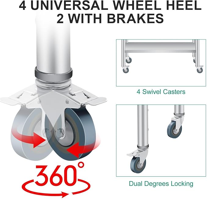 Stainless Steel Prep Table, 60 x 24 Inches, with Backsplash, Adjustable Undershelf and 4 Caster Wheels, Commercial Heavy Duty Table with Adjustable Under Shelf for Outdoor Use,Restaurants,Hotels,Works