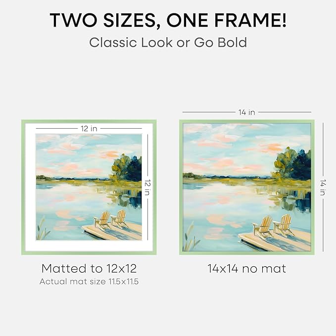 Homeforia 14x14 Picture Frame Sage Green, High End Metal 14 x 14 Square Poster Frames with Mat 12 x 12 Photo, 14x14 Frame Matted to 12x12 Art, 14by14 Hanging Frames, Tempered Glass, Wall Kit, Set of 2