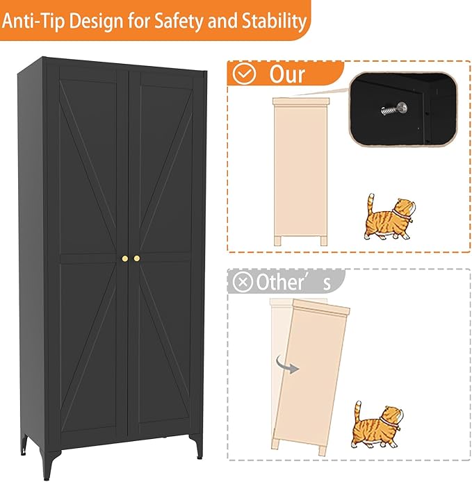 Tall Pantry Cabinet, 65" Kitchen Cupboard with Doors and Adjustable Shelves, Food Pantry Cabinets, Metal Hutch Cabinet with Storage for Kitchen, Living Room, Dining Room, Black