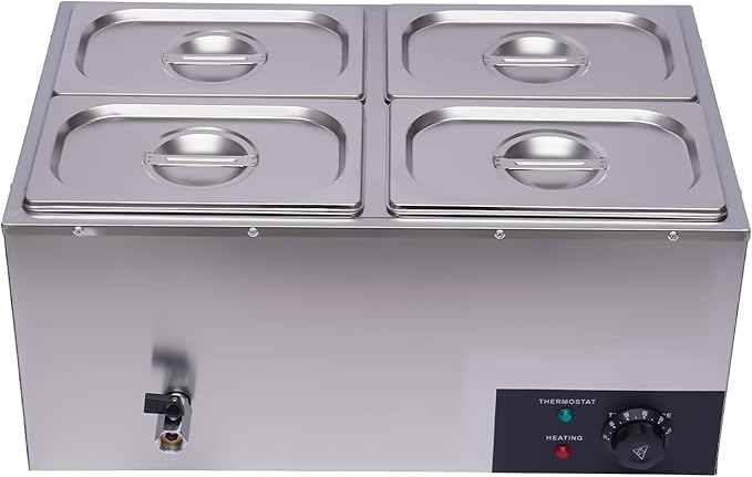 Electric Bain Marie Food Warmer, 600W 4-Pan Commercial Steam Table Food Warmer, 17Qt Portable Countertop Restaurant Buffet Steam Table 86-185℉ Temp Range for Parties, Caterings, Buffets