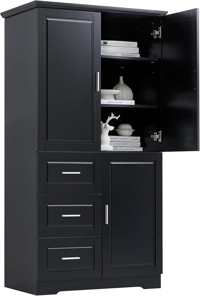 62.2" Wide Storage Cabinet Pantry Cupboard with Doors and Drawers for Home Kitchen, Bathroom and Living Room, Adjustable Shelf, Black