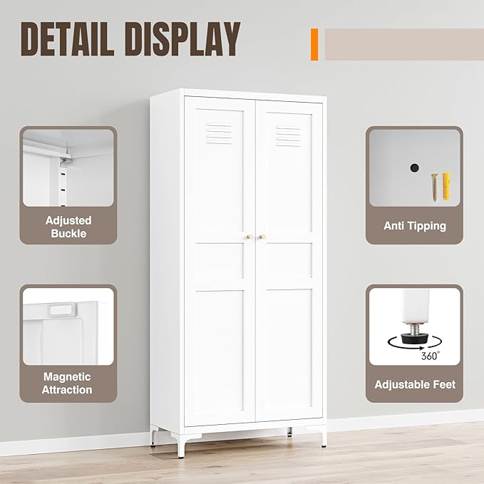 Yizosh Metal Storage Cabinet with 2 Doors and 4 Adjustable Shelves - 61" White Kitchen Pantry Storage 5-Tier Tall Steel Cabinets Locker for Kitchen, Living Room, Dining Room