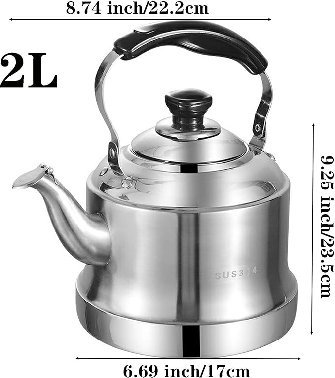 Tea kettle, 2.1 Quart Food Grade 304 Stainless Steel Tea Kettle for Stove top Whistling Teapot with Cool Touch Ergonomic Handle, Suitable for All Heat Sources(2L)