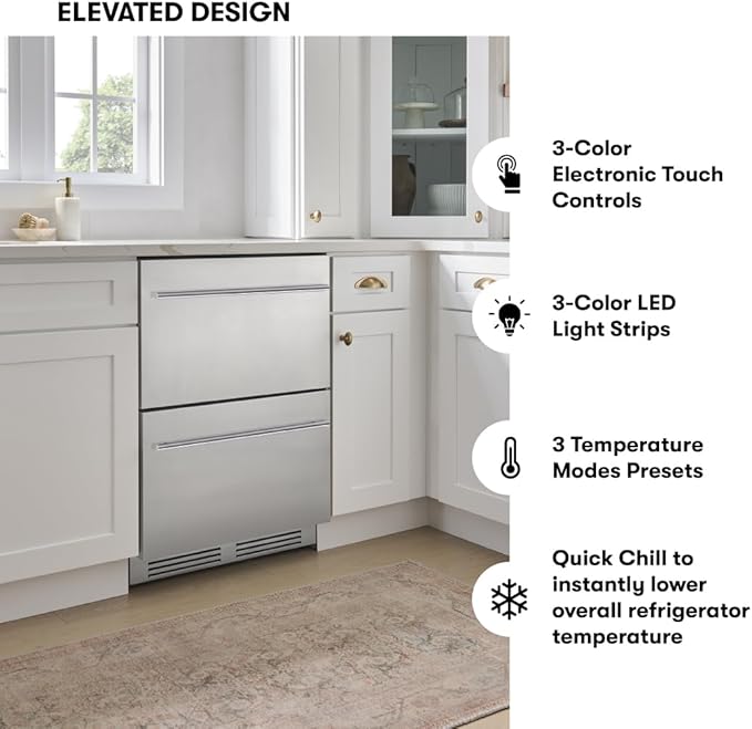 Zephyr Presrv 24 Inch Single Zone Refrigerator Drawers Wine & Beverage Fridge, Stainless Steel Wine Cooler Home Bar Under Counter Freestanding Built In, Energy Star Certified, 5.4 Cu. Ft